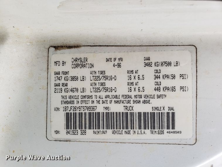 image for item FW9565 1996 Dodge Ram 2500HD pickup truck