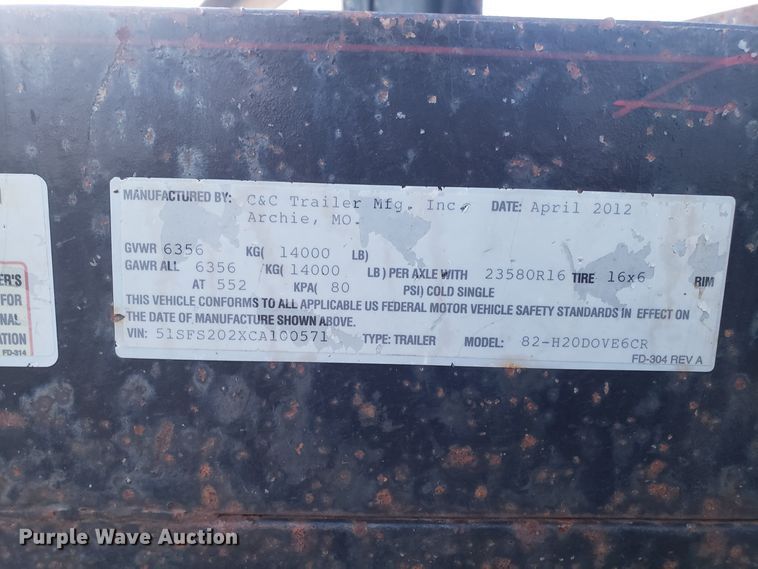 image for item GA9314 2012 C&C 82-H20D0VE6CR equipment trailer