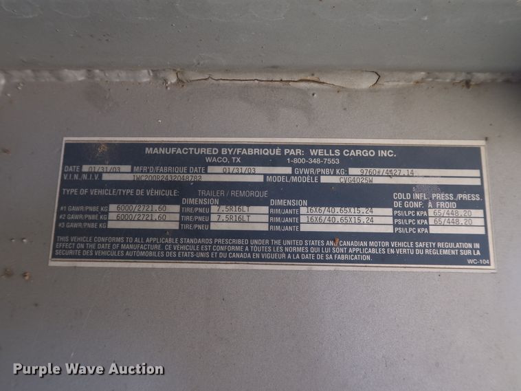image for item GD9819 2003 Wells Cargo CVG4025W enclosed cargo trailer