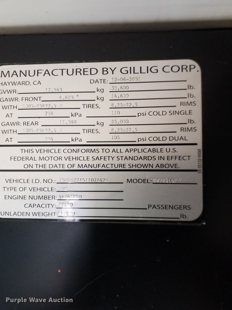 image for item GJ9181 2001 Gillig transit bus