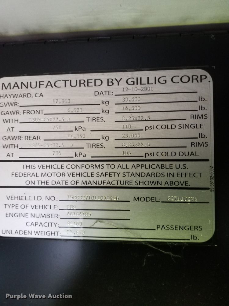 image for item GJ9184 2001 Gillig transit bus