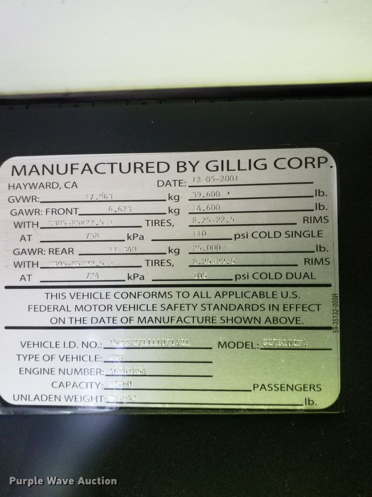 image for item GJ9187 2001 Gillig transit bus