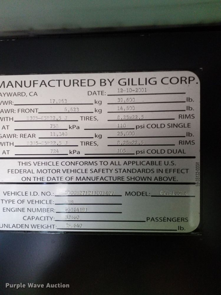 image for item GJ9189 2001 Gillig transit bus