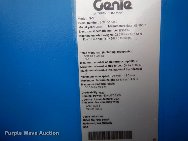 image for item DH6903 2007 Genie S65 boom lift