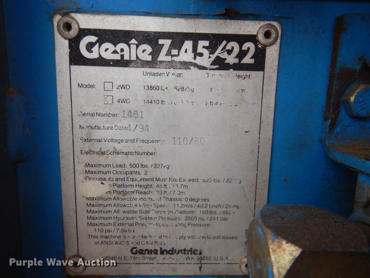 image for item DI2426 1994 Genie Z45/22 boom lift