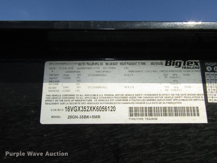 image for item DH8298 2019 Big Tex 25GN-35BK+5MR equipment trailer