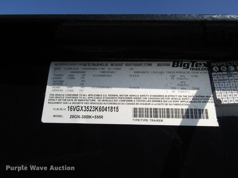 image for item DH8299 2019 Big Tex 25GN-35BK+5MR equipment trailer