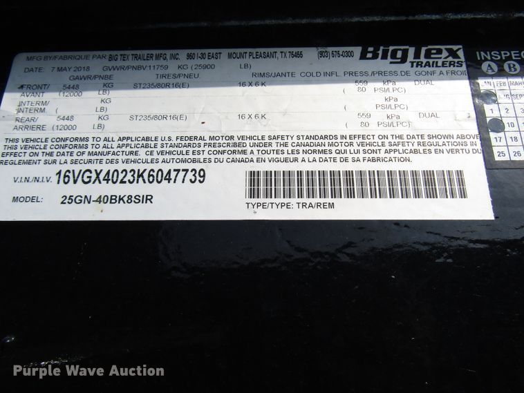 image for item DH8300 2019 Big Tex 25GN-40BK8SIR equipment trailer