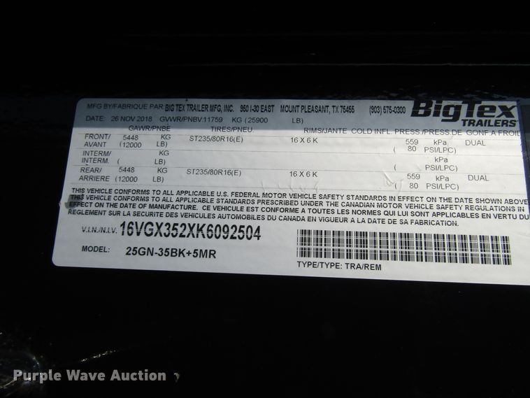 image for item DH8301 2019 Big Tex 25GN-35BK+5MR equipment trailer