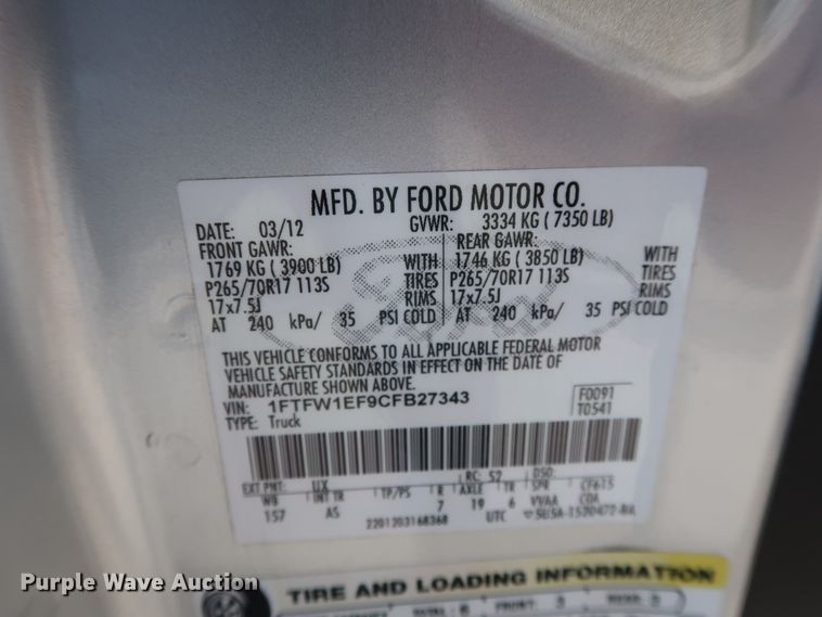 image for item DH3666 2012 Ford F150 SuperCrew pickup truck