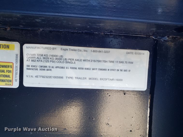 image for item GA9354 2014 Eagle 8X23FTA80-16000 equipment trailer