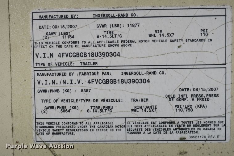 image for item DB10087 2008 Ingersoll Rand XHP750 air compressor