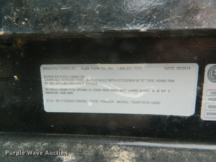 image for item GE9861 2014 Eagle 7X20FTA70-14000 equipment trailer