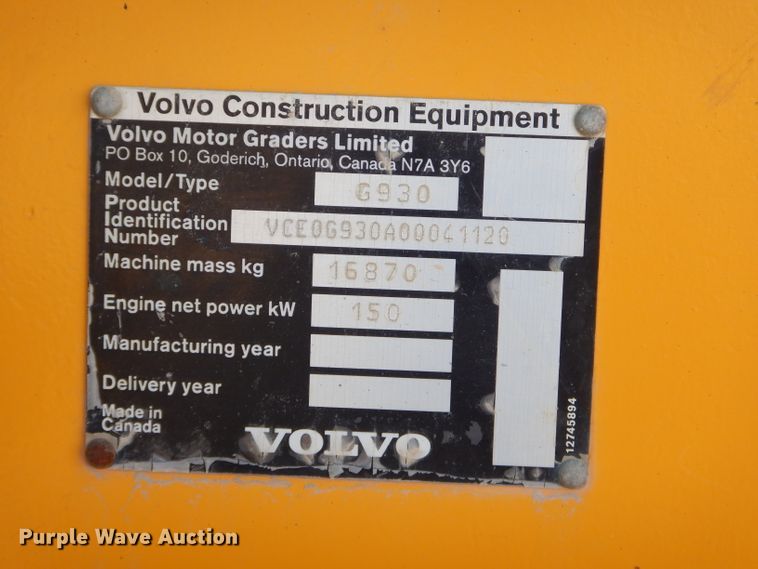 image for item GB9576 2007 Volvo G930 motor grader