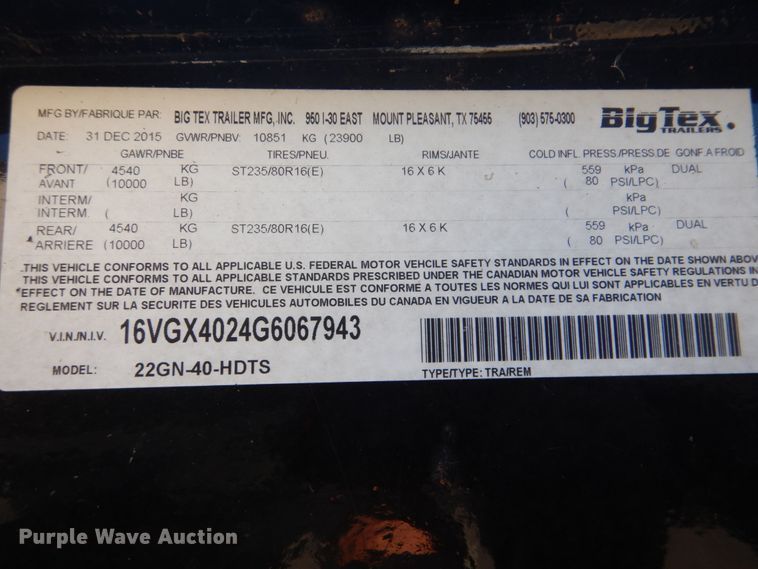 image for item FF9101 2015 Big Tex 22GN-40-HDTS equipment trailer