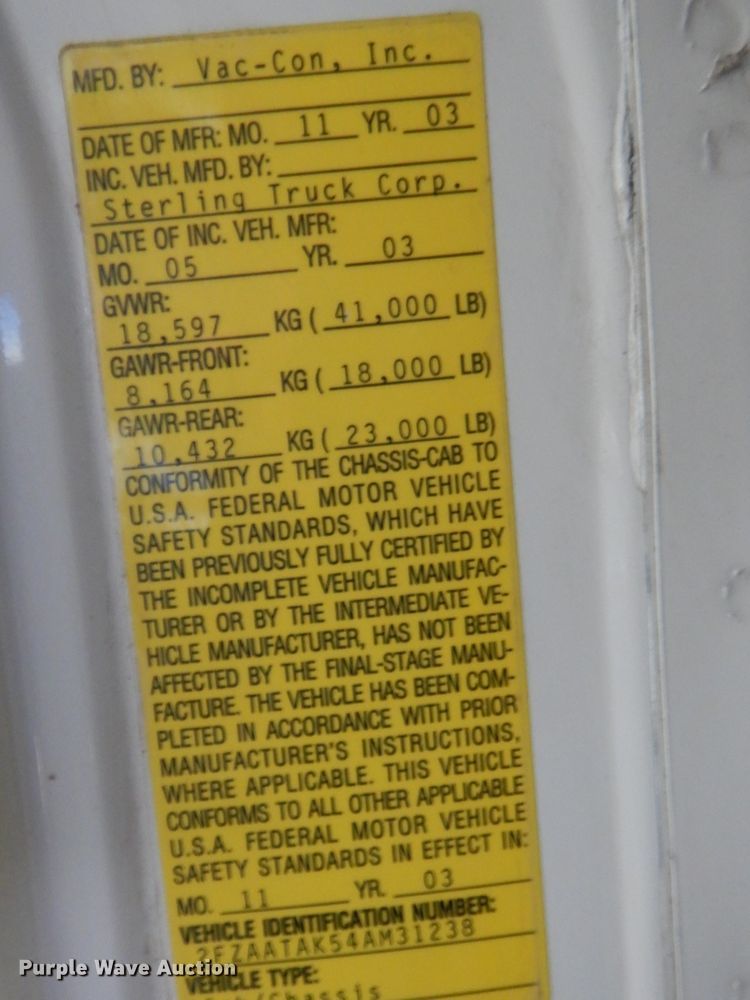 image for item FF9215 2004 Sterling L-Line sewer rodder truck