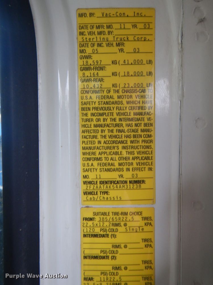 image for item FF9215 2004 Sterling L-Line sewer rodder truck