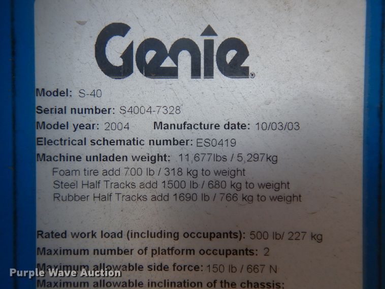 image for item ER9825 2004 Genie S40 boom lift