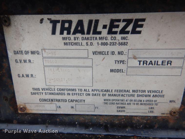 image for item DH6309 1995 Trail-Eze DHT6049WS drop deck equipment trailer