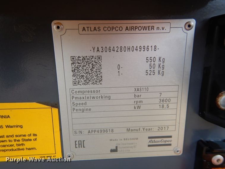 image for item GE9045 2017 Atlas Copco XAS110 air compressor