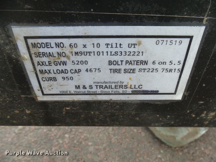 image for item EF9559 2020 M&S 60X10 tilt deck utility trailer