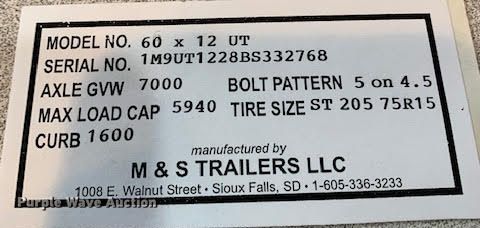 image for item EF9577 2011 M&S 60X12UT utility trailer