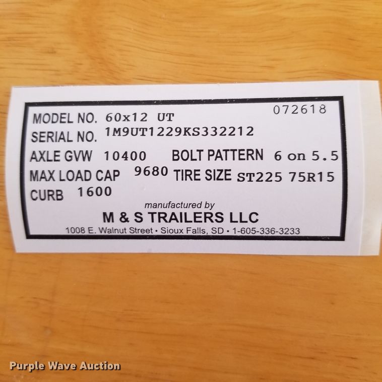 image for item EF9578 2019 M&S 5X12 utility trailer