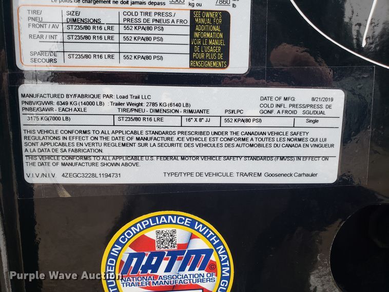 image for item EL9764 2020 Load Trail equipment trailer