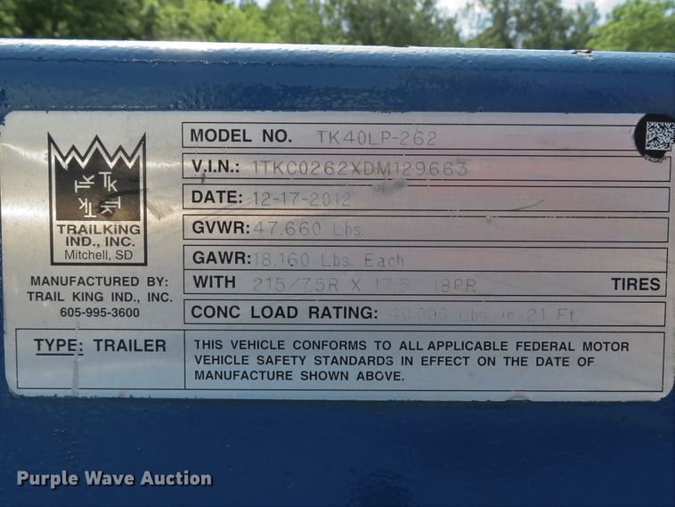 image for item DE8202 2012 Trail King TK40LP-262 equipment trailer