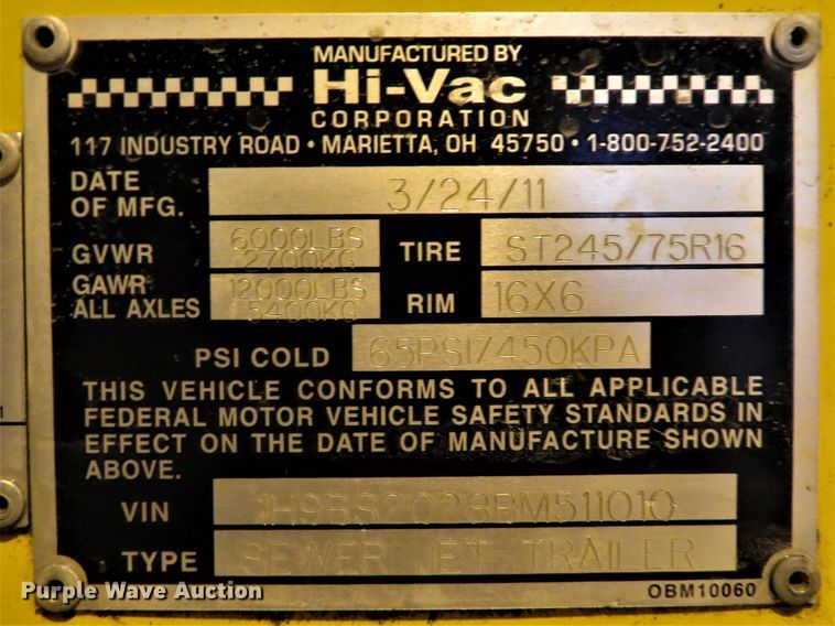 image for item GI9049 2011 O'Brien 704030-SC sewer jetter trailer