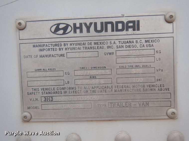 image for item DH2270 2003 Hyundai V12530152JSA dry van trailer