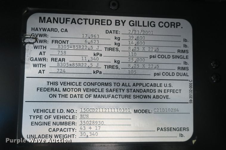 image for item DB10047 2001 Gillig coach bus