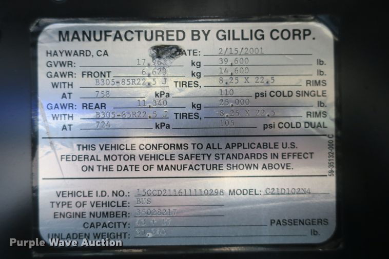 image for item DB10049 2001 Gillig C21D1O2N4 coach bus