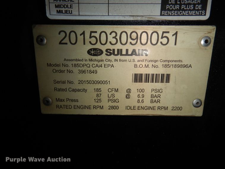 image for item FY9343 2015 Sullair 185 air compressor