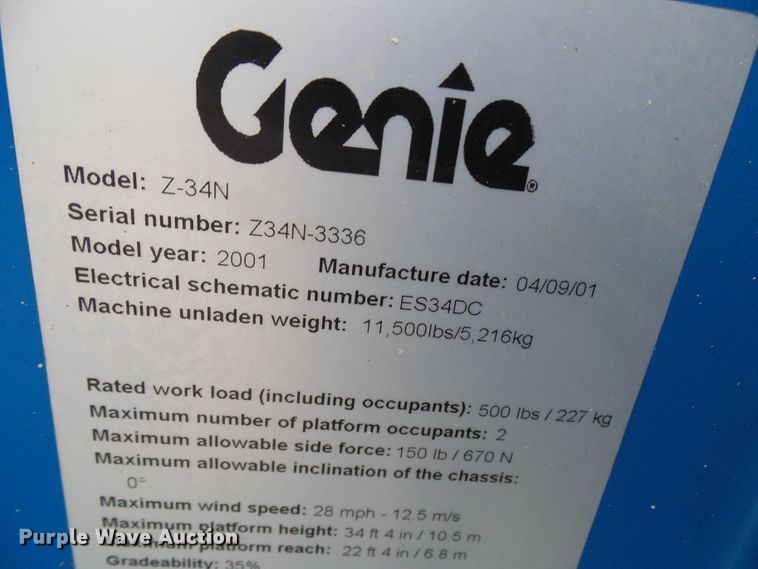 image for item DD1958 2001 Genie Z-34/22N boom lift