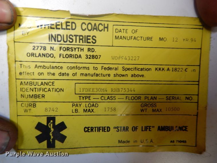 image for item DH6371 1994 Ford Econoline E350 ambulance