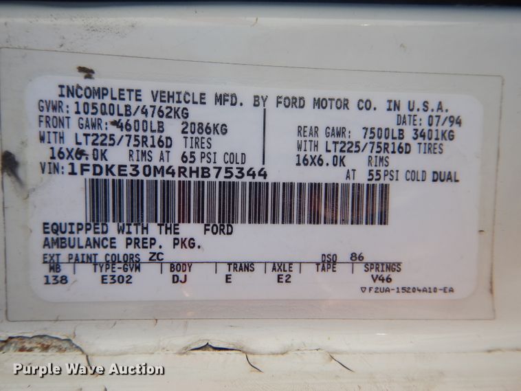 image for item DH6371 1994 Ford Econoline E350 ambulance