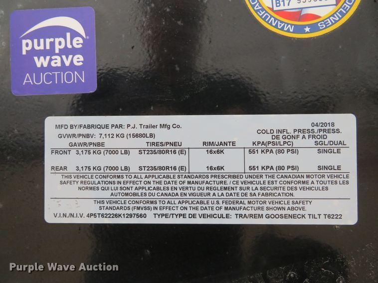 image for item DI2032 2018 PJ T6222 tilt deck equipment trailer