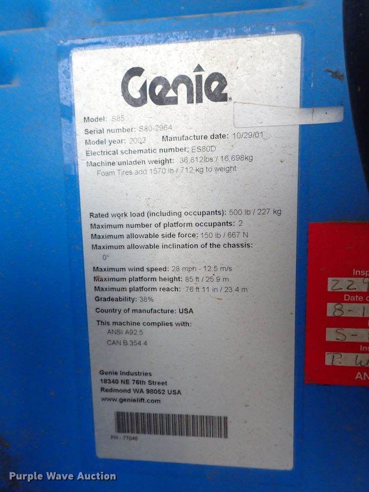 image for item DC3310 2002 Genie S80 boom lift