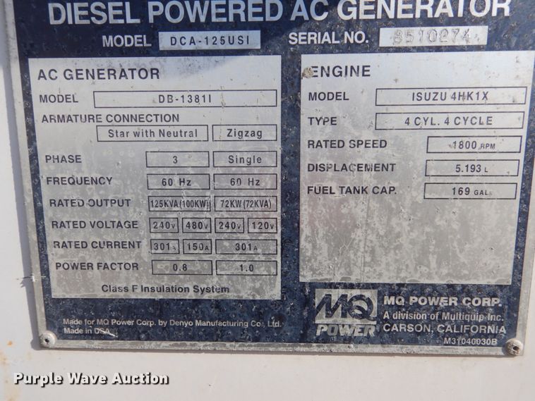 image for item FU9086 2010 Whisperwatt DCA-125USI generator