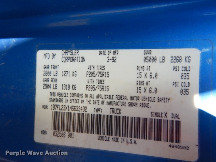 image for item ER9916 1992 Dodge Dakota Club Cab pickup truck