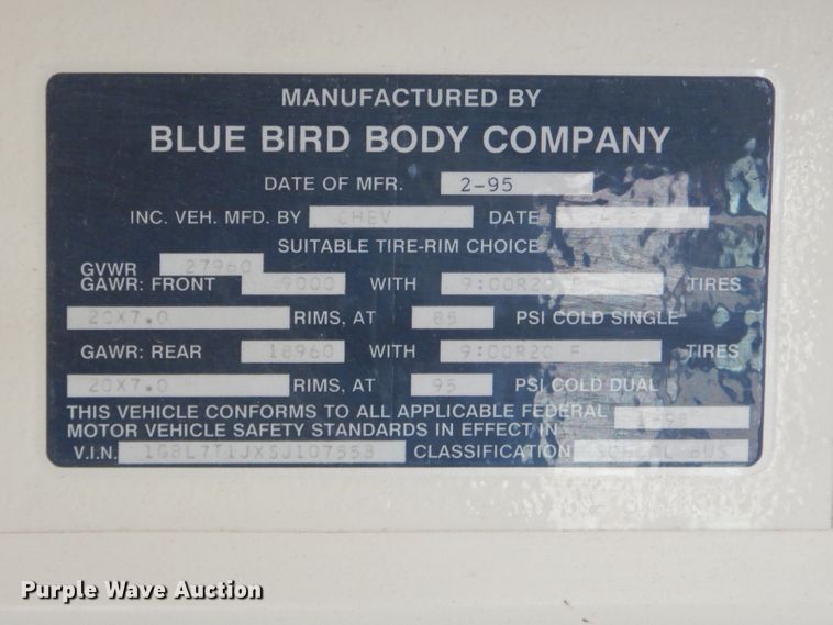 image for item GG9627 1995 Chevrolet Blue Bird school bus