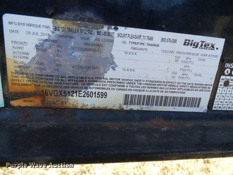 image for item DD1780 2014 Big Tex 20AC-51 equipment trailer
