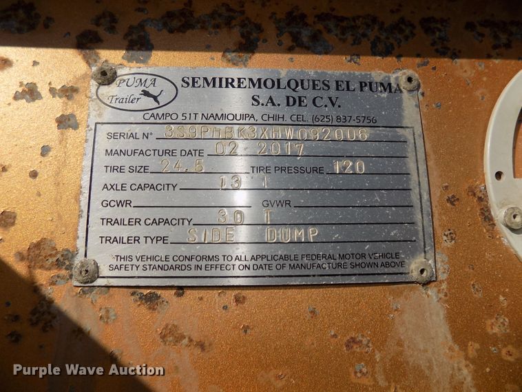 image for item DG2521 2017 Puma TD2350 side dump trailer