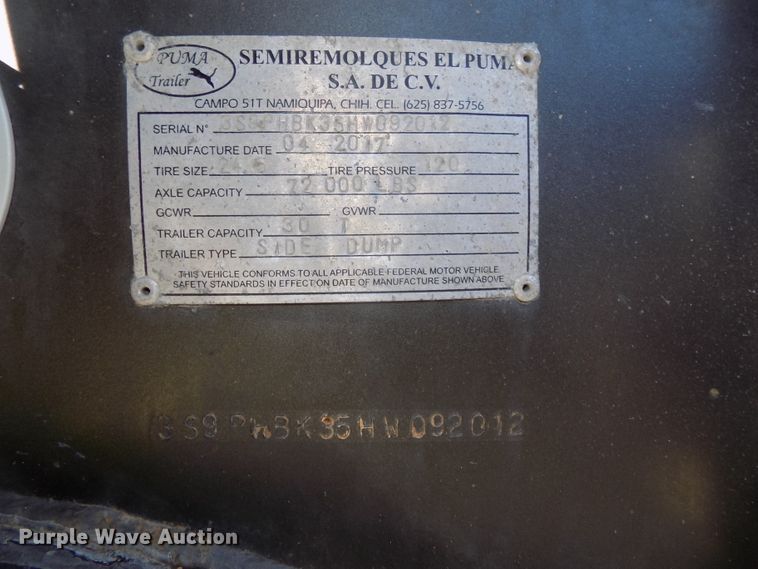 image for item DG2522 2017 Puma side dump trailer