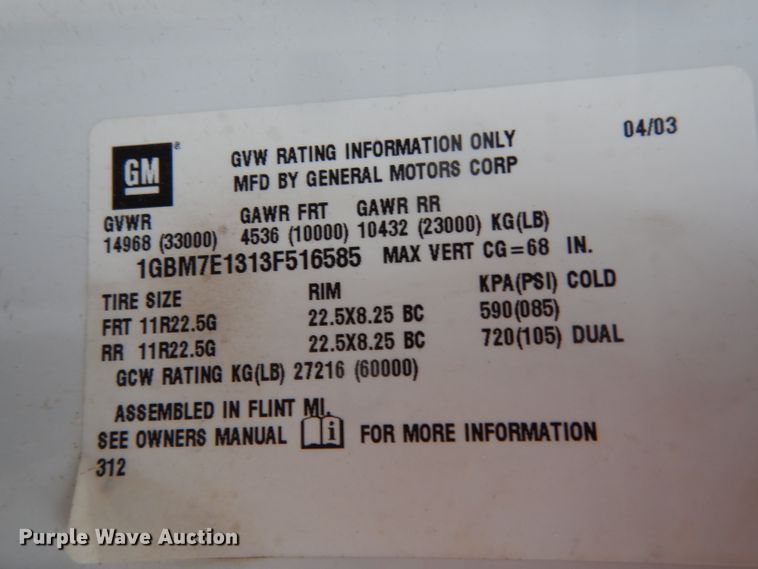 image for item DH2358 2003 Chevrolet C7500 utility truck