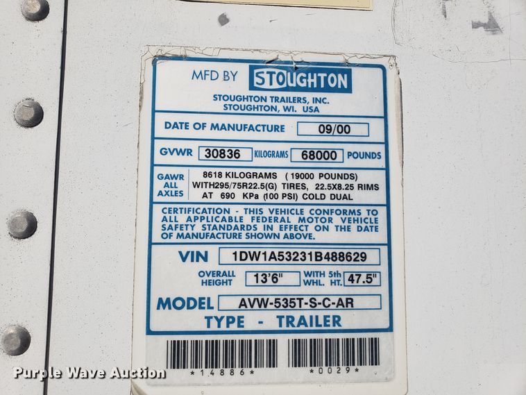image for item EZ9114 2001 Stroughton AVW-535T-S-C-AR dry van trailer