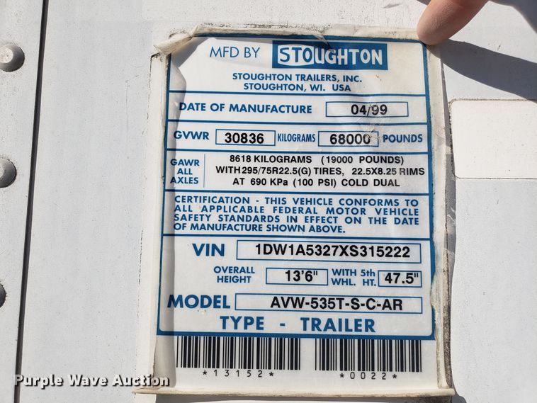 image for item EZ9118 1999 Stroughton AVW-535T-S-C-AR dry van trailer