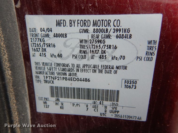 image for item DH6454 2004 Ford F250 Super Duty XL pickup truck