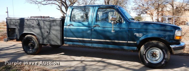 image for item GK9043 1996 Ford F350 Crew Cab utility bed pickup truck